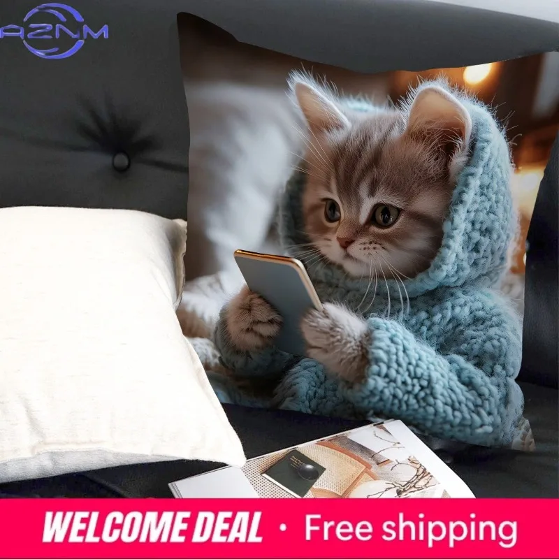 Cute Kitten in Hoodie Pillowcase: Cozy and Adorable for Your Home! Sofa cushion cover, home decoration, 2D printing