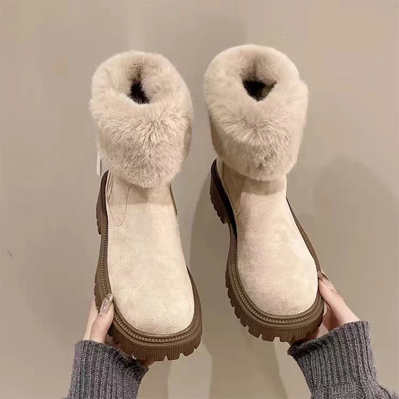 Women Ankle Warm Snow Boots Fur Flats Platform Shoes Winter New Suede Short Plush Cotton Shoes Fashion Brand Casual Mujer Botas