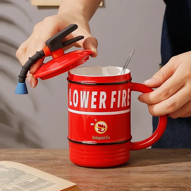 Creative Ceramic Fire Extinguisher Shape Coffee Mugs with Lid and Spoon Fun Mug Perfect Gift for Firefighters Home and Office