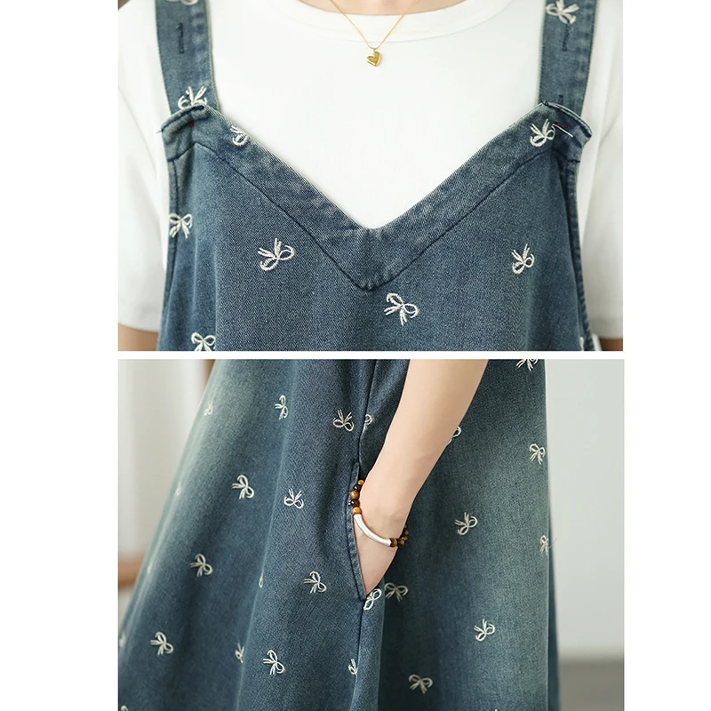Robe en jean à bretelles pour femmes, sans manches, col en V, ample, décontractée, surdimensionnée, Y2K, Harajuku, avec nœud brodé, poche, robe mi-longue