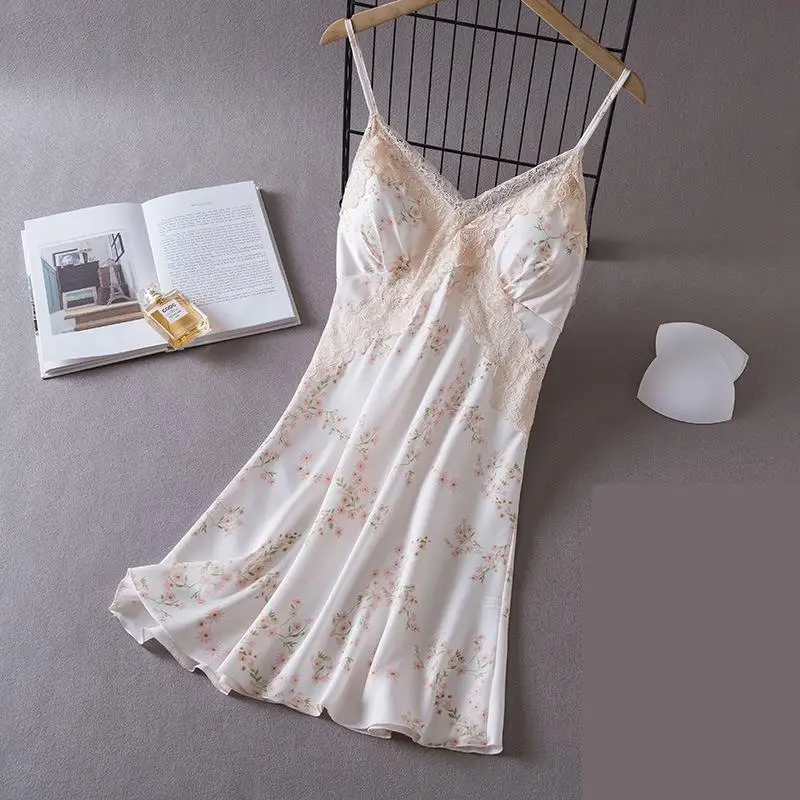 Sexy Chemise Nightgown Women Lace Sleepwear Dress Summer Suspender Nightdress Nightwear Silky Satin Dressing Gown Lounge Wear