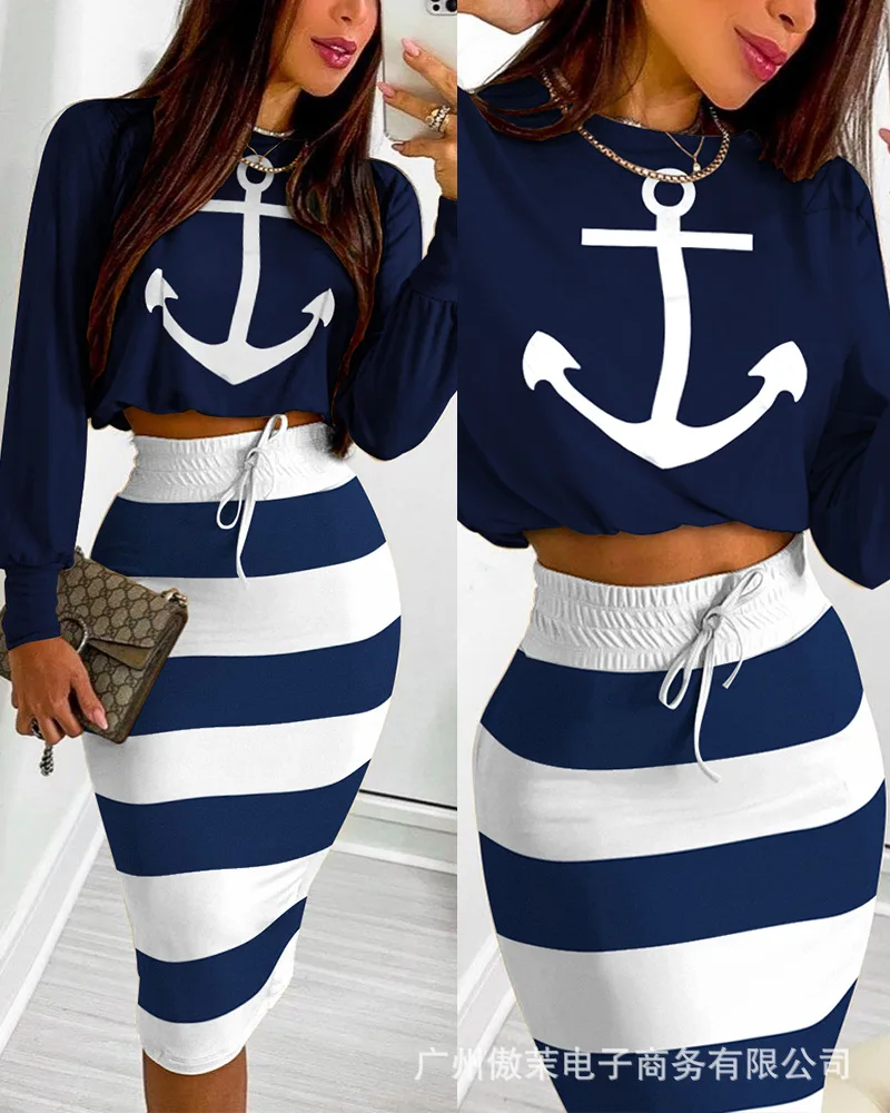 2026年新作 おしゃれでエレガントな長袖ラウンドネックトップス セクシーなタイトスカート プリント入りコントラストカラー カジュアルセット -2ピースセット