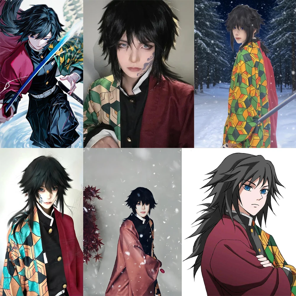 Anime Demon Slayer Tomioka Giyuu Cosplay Syntetyczne Włosy 50 cm Czarny Kucyk Puszysty Peruka na Halloween Karnawał Codzienna Impreza