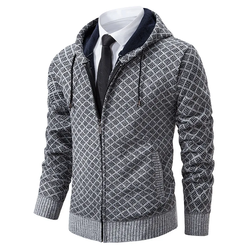 

Men Hooded Cardigan Knitted Sweater Coat 2024 Korean Autumn Winter Warm Thick Plaid Zip Casual Fleece Hooded Jacket Men Clothing