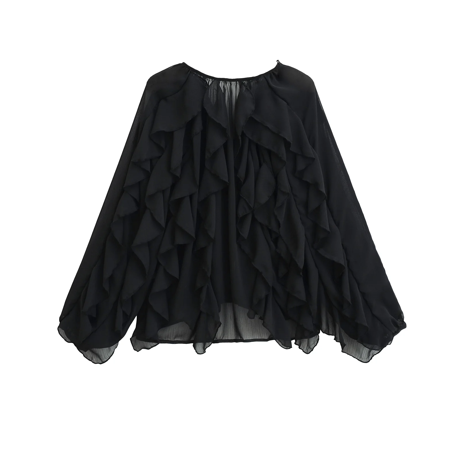 JNLEAOG Lente Nieuwe Dames Faion Design Sense Overlap Decoratie irt Polyester Loose Fit Lang Sve rond Ne Pure Kleur