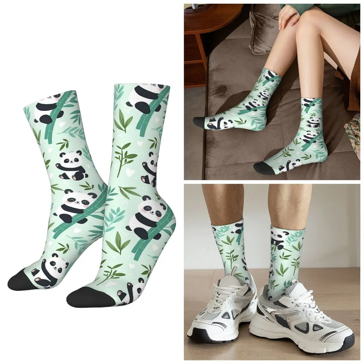 All Seasons Cartoon Panda And Bamboo Pattern Socks Harajuku Sport Middle Tube Socks Stockings for Men Women Valentine's Day