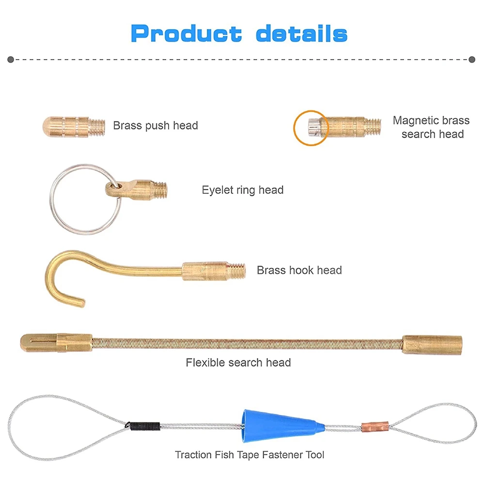 FTGT-20 Feet Fiberglass Fish Tape Cable Rods,Electrical Wire Running Push/Pull Kit with Hook and Hole Kit in Transparent Tube