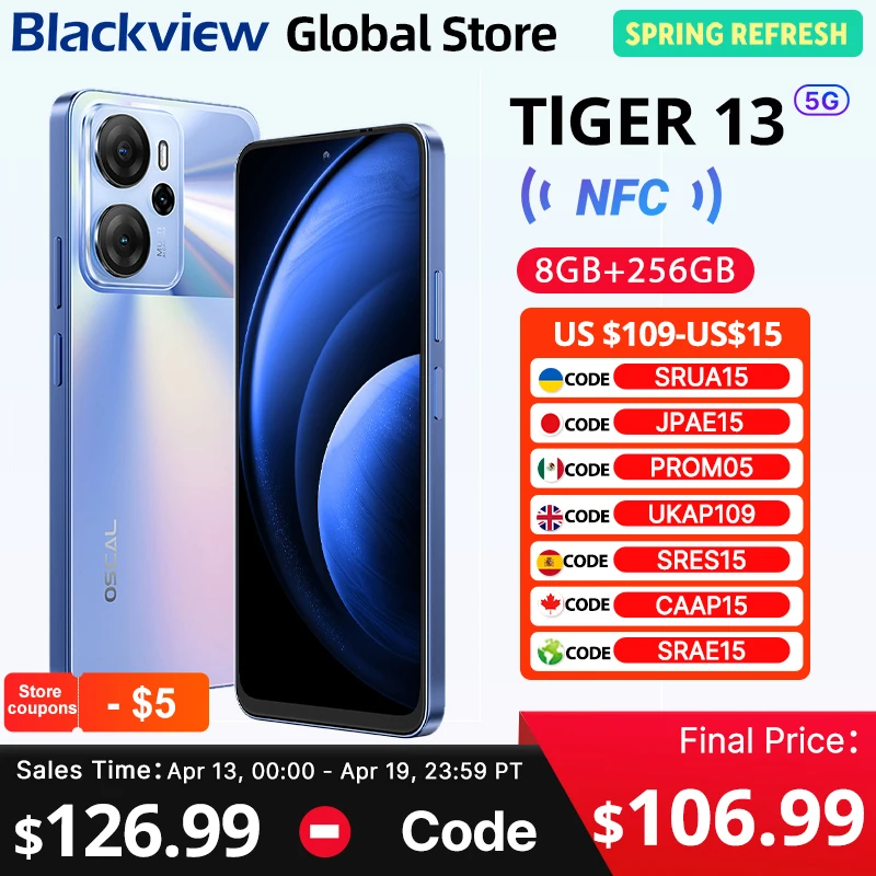 Blackview Oscal Tiger 13 5G Smartphone 6.67 inch 90Hz IPS Display NFC 5000mAh Unisoc T760 256GB 50MP AI Camera Mobile Phone