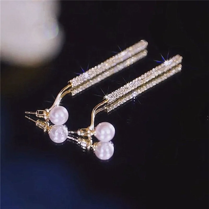 Korean Long Tassel Pearl Dangle Earrings for Women Luxury Full Rhinestone Gold Color Drop Earrings Wedding Party Jewelry Gift