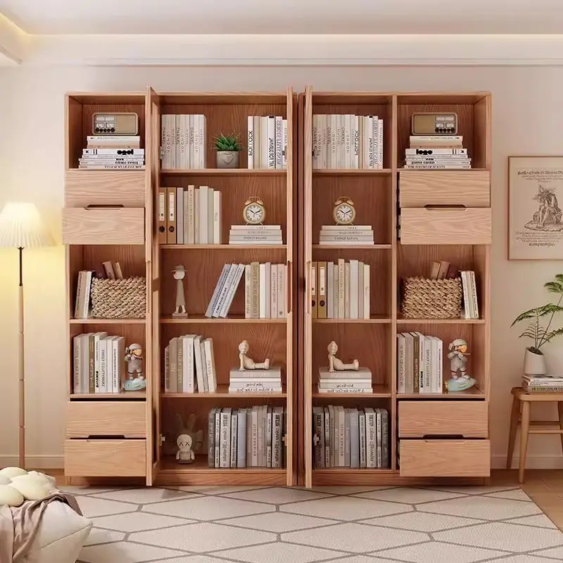 Nordic Ash Wood Bookcase Household Floor Storage Cabinet Wall Bookcase Living Room Combination Bookcase Study Storage Bookshelf