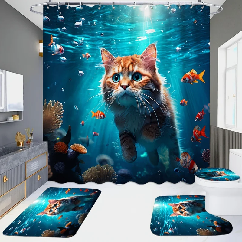 1/3/4pcs Blue Underwater Swimming Cat Fish Group Bathroom Set, Machine Washable, Shower Curtain, Non-slip Bath Mat, U-shape Mat,