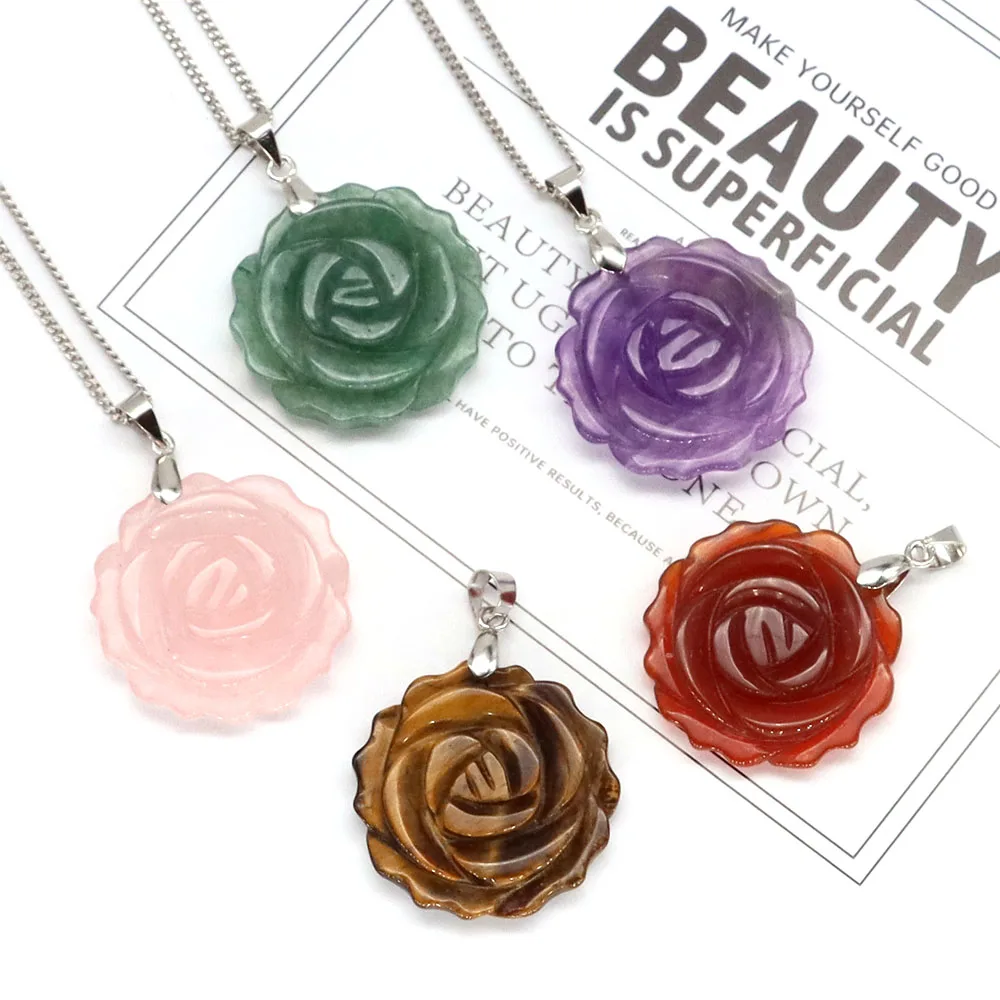 Natural Gemstone Carved Rose Flower Stone Pendant Amethyst Healing Crystal Necklace DIY Jewelry Bead Charm Women Valentine Gift