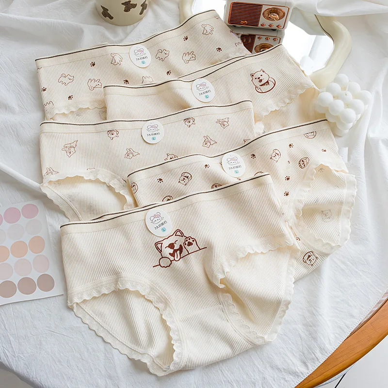 5-Piece Set Of Women's Cartoon Printed Threaded Triangle Pants, Cotton Soft And Comfortable Underwear, Women's Triangle Pants
