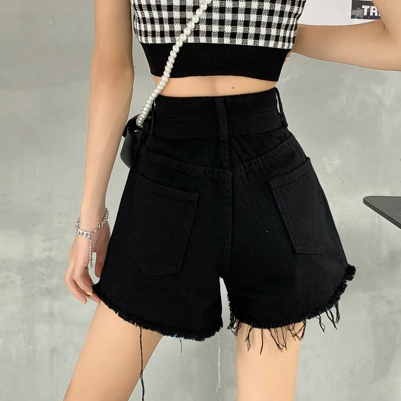 Women\'s Ripped Jeans Short Pants, Casual High Waist Denim Shorts, Female Clothing, Summer Pocket Hole, 2024