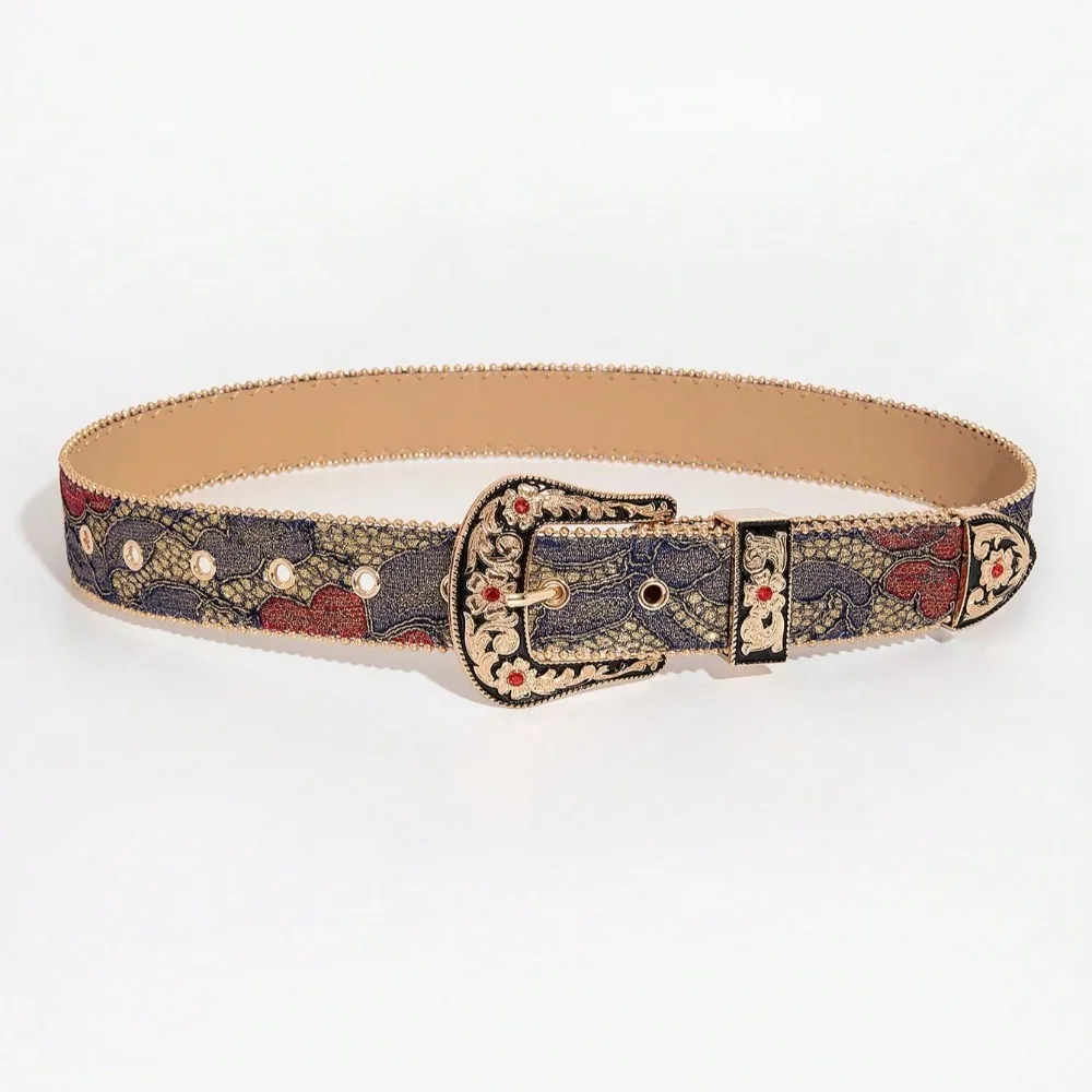 1 Piece of Women's Gemstone Carving Buckle with Multi-color Palace Style Embroidery Pattern PU Belt