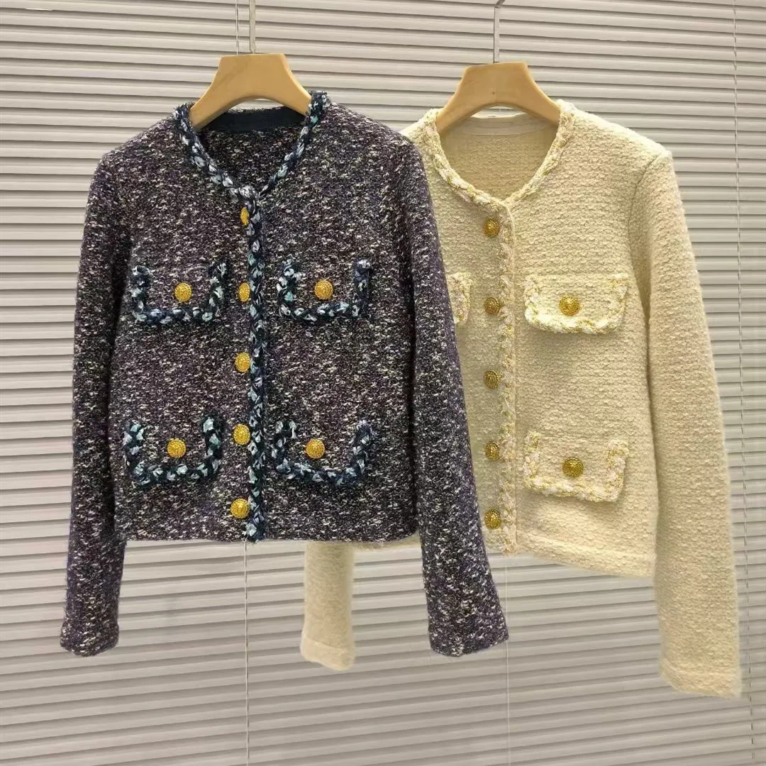 

Ele Wool Blend Парижская B@ Home Sle Женская джама круглого цвета Ne Tweed Gold Button рта Верхняя одежда Faionable Top