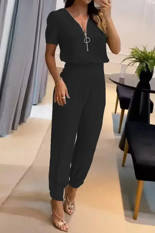 Conjunto de dos piezas para mujer, Top de manga abombada con cuello en V y pantalones informales de cintura alta con bolsillos y puños, moda de