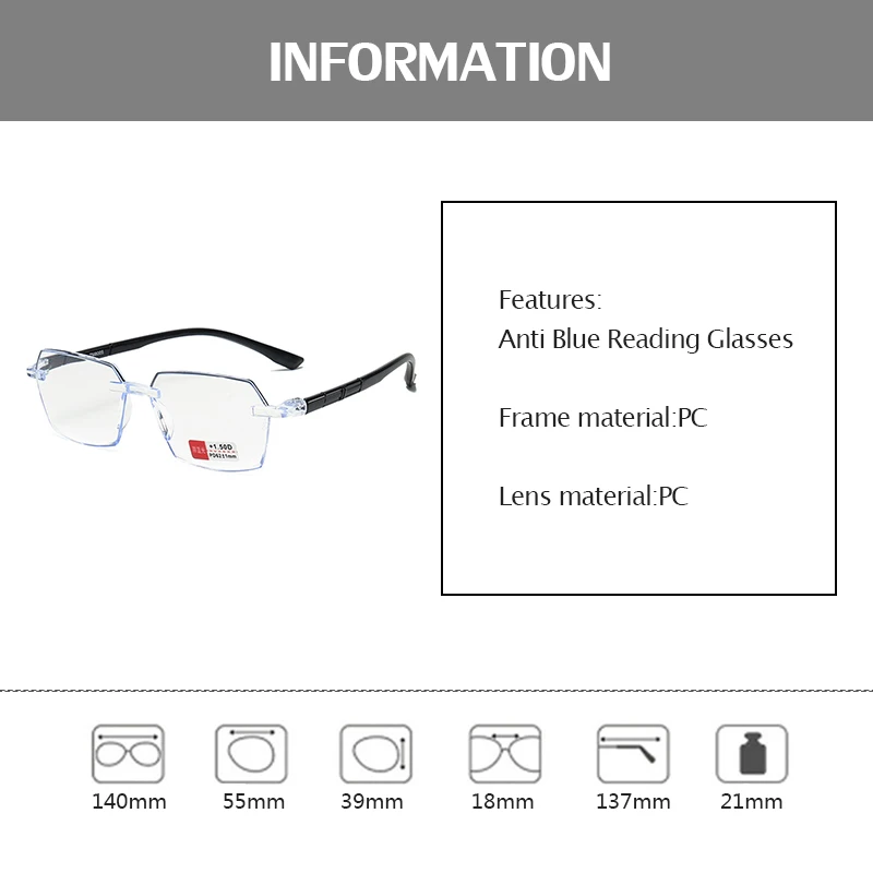 Fashion Business Anti Blue Light Reading Glasses Rectangular Rimless Eyeglasses Magnify Presbyopia Glasses Grade +100 To +350