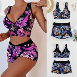 Bikini Sets for Women V Neck Swim Bra Top with Shorts Floral Print 2 Piece Swimsuit Sexy Push Up Beach Hawaii Swimwear