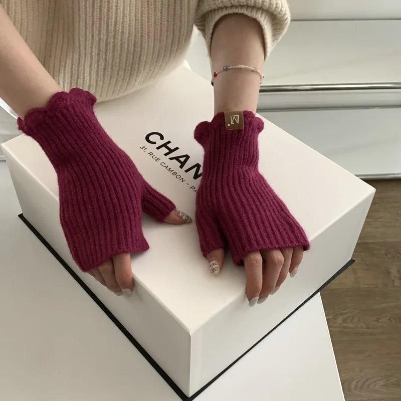 Solid Color Warm Half Finger Gloves Solid Jacquard Fingerless Gloves Knitted Winter Gloves Fingerless Gloves For Women