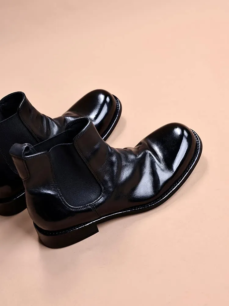 Luxury Handcrafted Men Round Toe Chelsea Boots Black Cow Leather Upper Stretch Gore Slip-on All-season Dress Footwear