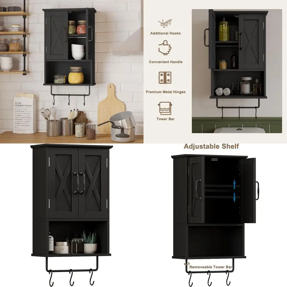 

Black Adjustable Shelf Bathroom Wall Cabinet with Towel Bar & 3 Hooks, Over Toilet Storage Solution