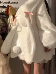 Vestes à capuche en laine d'agneau avec oreilles de lapin pour femmes, vêtements d'extérieur respirants, mode Y2K Kawaii, mignon, hiver