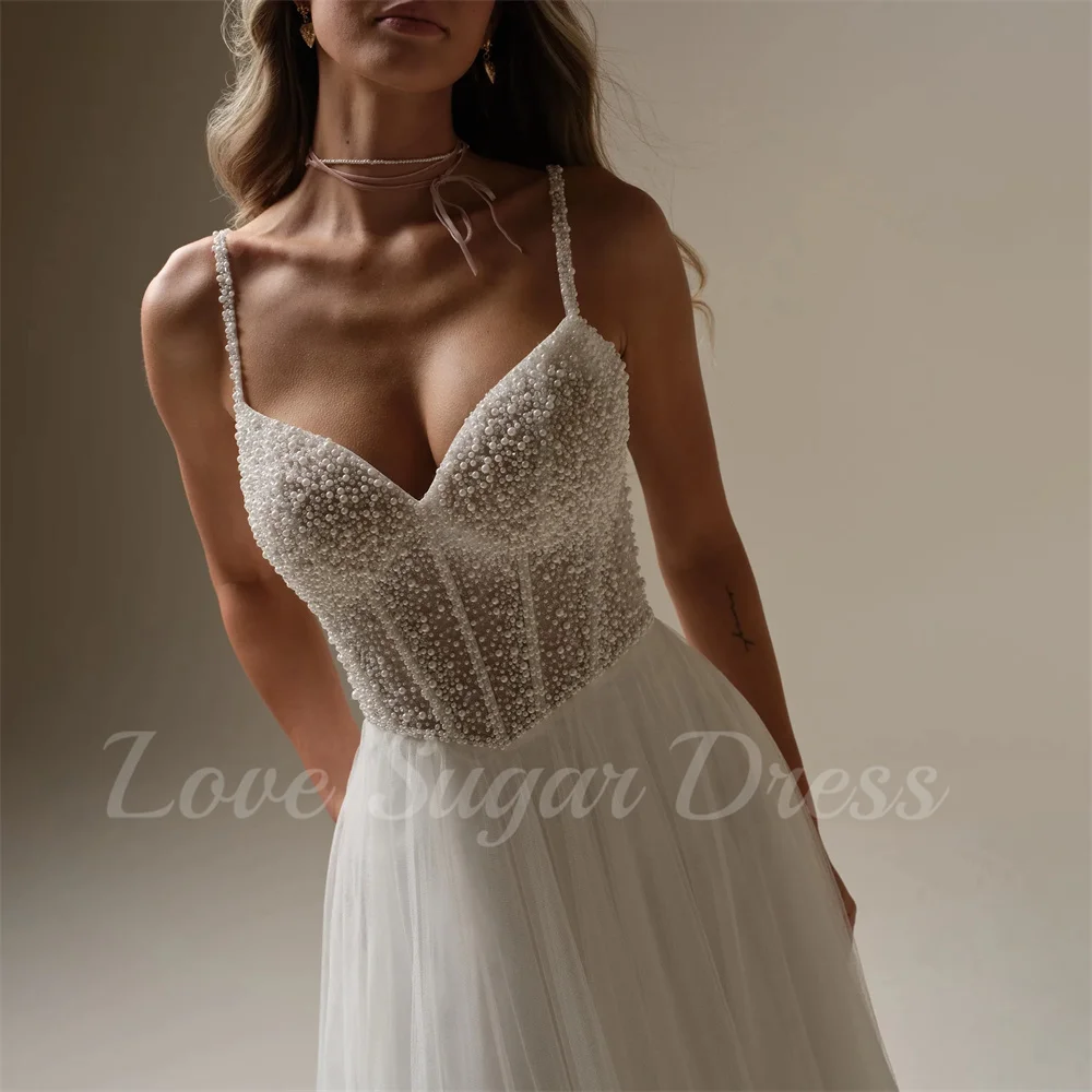 A Line Beading Pearls Wedding Dress Spaghetti Strap V Neck Bridal Gowns High Slit Back Button Bride Dresses robe de mariée