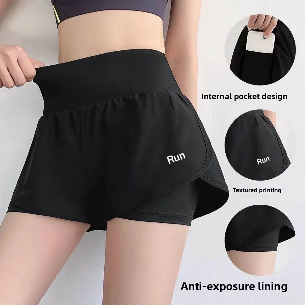 Fashion Anti-glare Lining 2 in 1 Yoga Shorts Side Pockets Loose Fitting Sports Shorts Hem Elastic Quick Dry Fitness Shorts Women