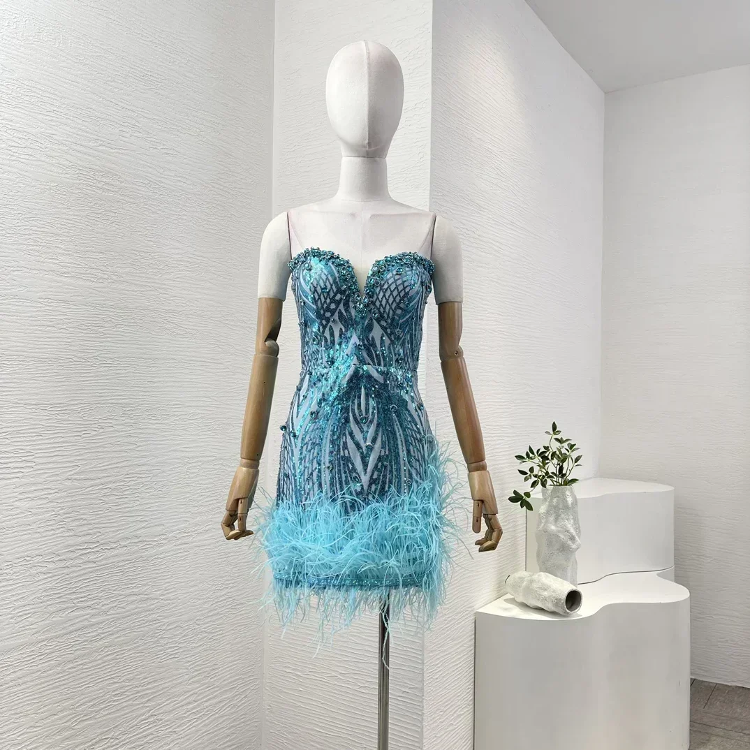 2024 New Feathers Hot Sexy Popular Blue Sequined Diamonds Tube Mini Feather Women’s Dresses for Party