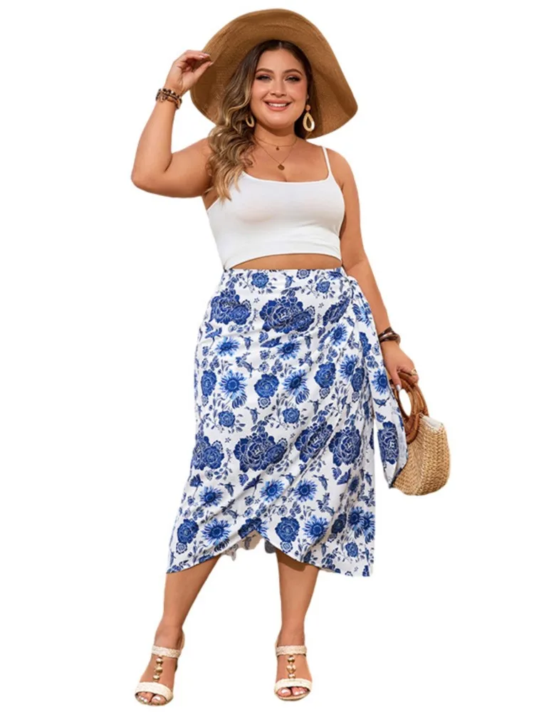 Saias florais plissadas soltas de cintura alta feminina, saias casuais para férias femininas, moda dividida irregular, plus size, verão