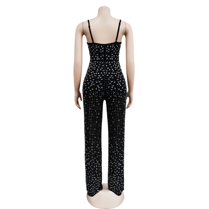 Moda mujer diamantes cristal taladro caliente sin mangas mono de pierna ancha 2025 Chic Sexy fiesta mameluco conjunto de una pieza mono