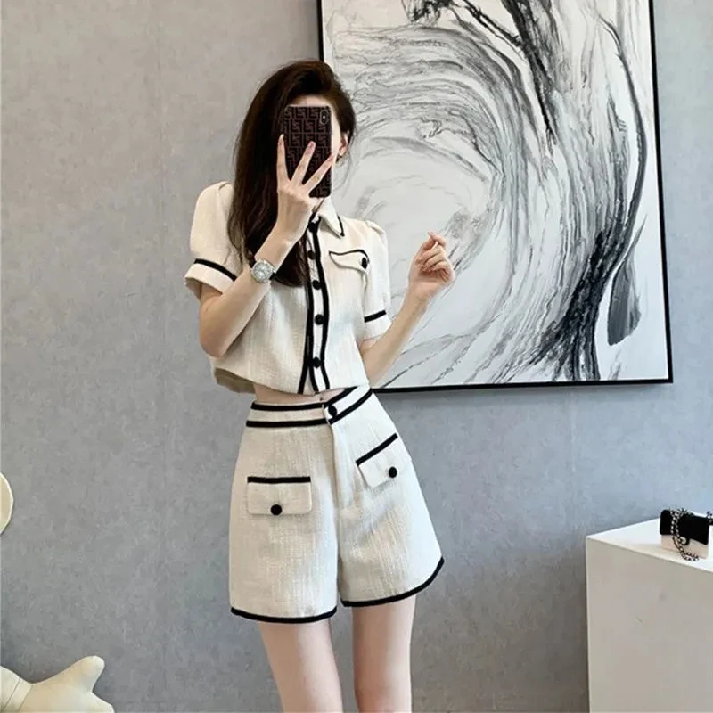 Korean Fashion Summer Knitted 2 Piece Sets Women Shorts Outfits Casual Cropped Tops Tracksuit Elegant Women Pants Conjuntos