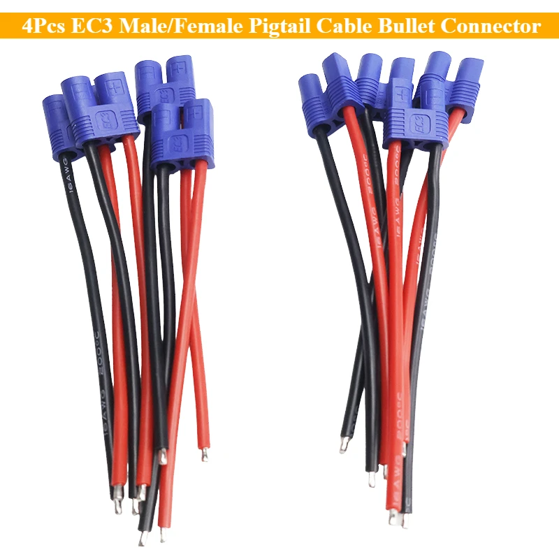 4Pcs EC3 Male/Female Pigtail Cable Bullet Connector Tinned End 100mm Silicone Wire for RC Airsoft Battery Charger Expand DIY