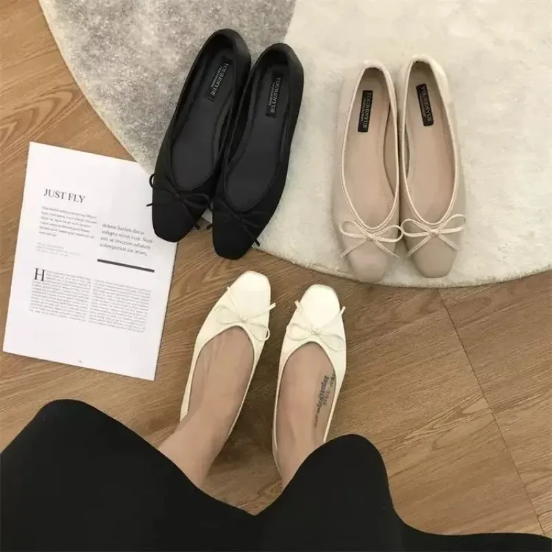 Champagne Color Bow Head Flat Bottom Single Shoes Women's 2024 Summer Autumn New Soft Silk Surface Milk Shoes Rubber Material