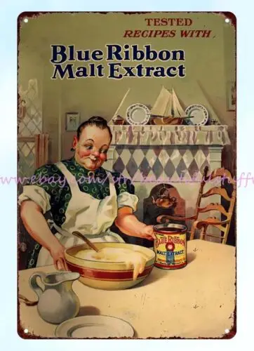 interior collectible blue ribbon malt extract childhood memory metal tin sign