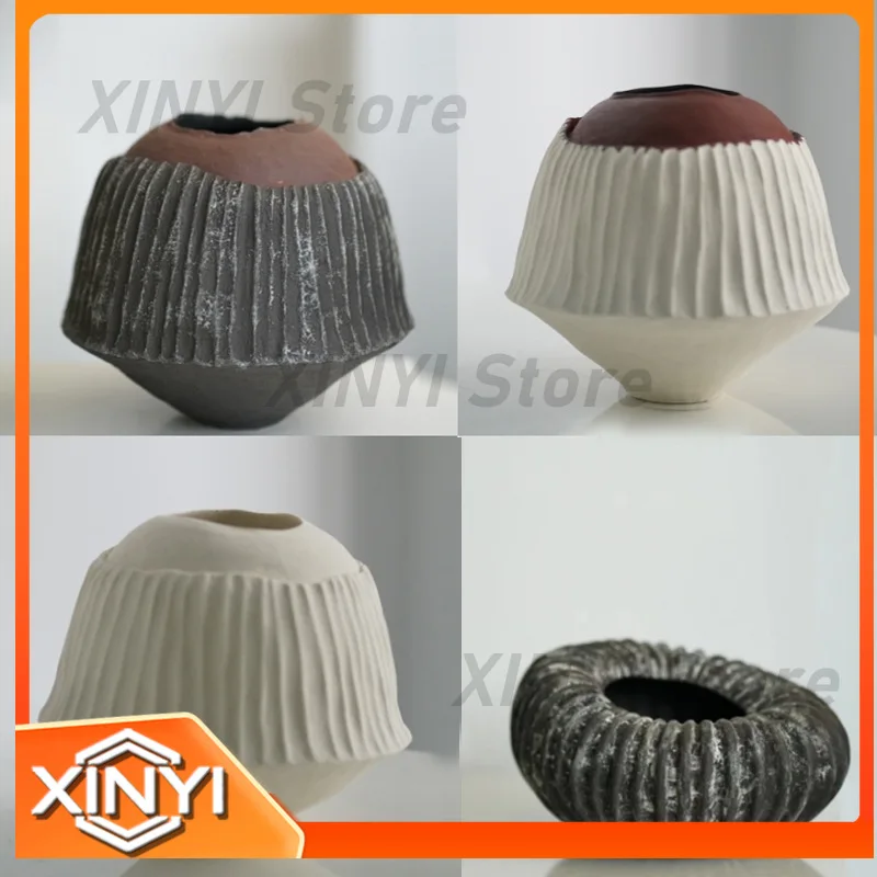 Wabi Sabi Style Handmade Ceramic Vase for Home Decoration Living Room Sample Room Black and White Line Design Dried Flower