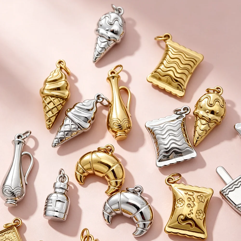 Mixed Dessert Food Charms Stainless Steel Two‑Tone Ice Cream House Teapot Pendant Handmade DIY Jewelry Making Findings