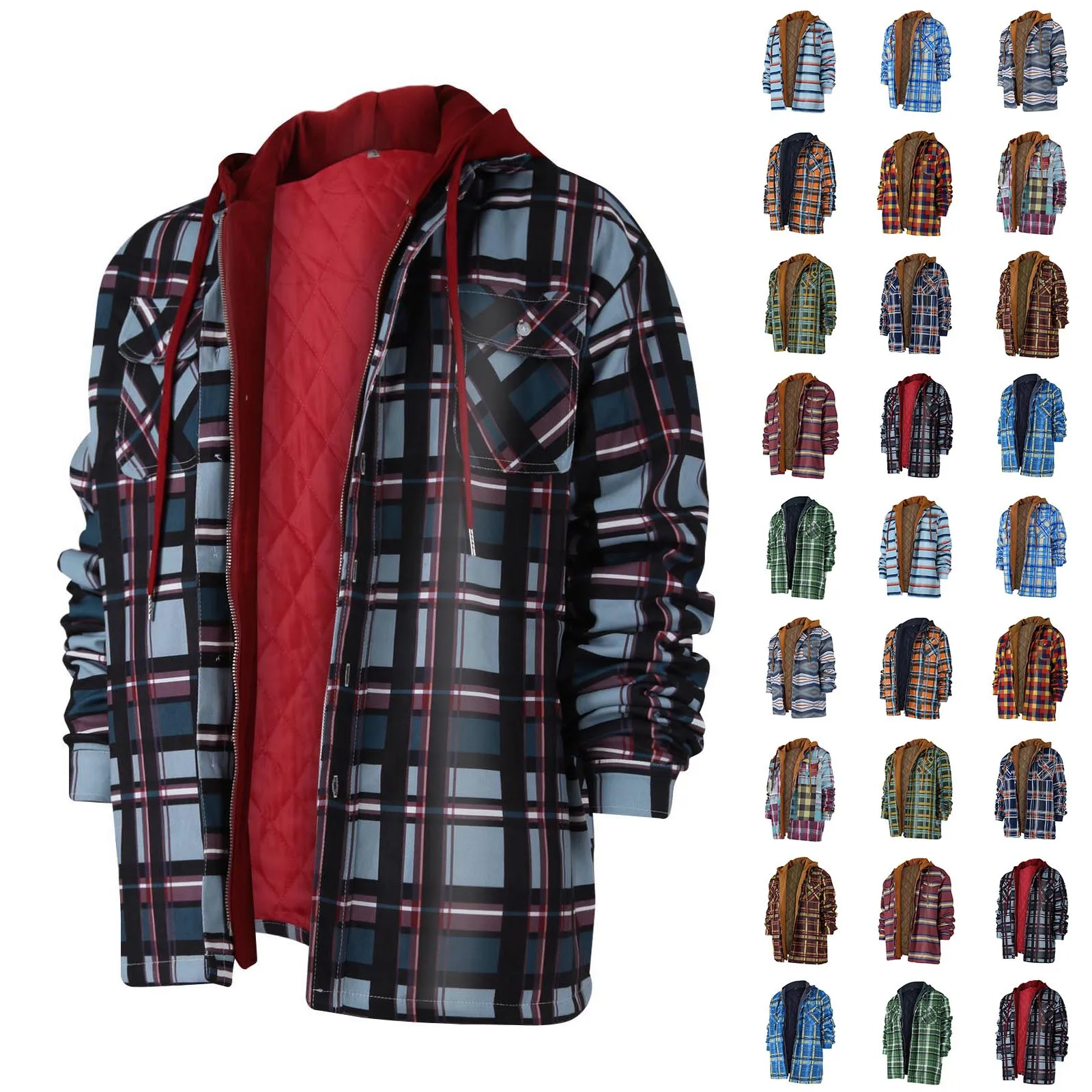 Mens Shirts Patchwork Thick Fleece Quilted Lined Coat Long Sleeve Button Hooded Camisas De Hombre Jacket Winter Plaid Flannel