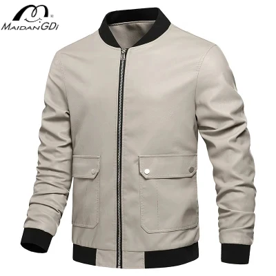 

MAIDANGDI Men's Coat Baseball Jacket Style PU Material Round Neck Slim Fit Top Leather Jacket Windproof Artificial Leather