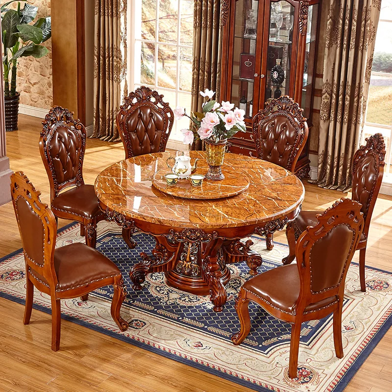 

European round dining table solid wood with turntable dining table marble dining table and chairs combination villa classic home