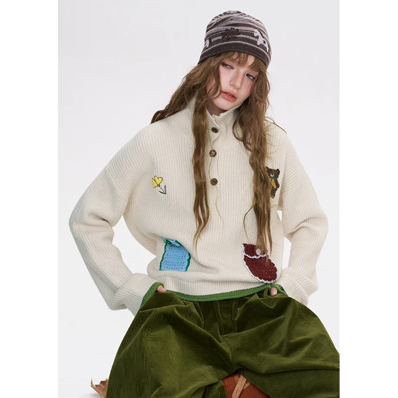 ELFSACK Women's Cute Knit Sweater with Bear Appliques & Half‑Button Turtleneck, Cropped Long Sleeve Pullover