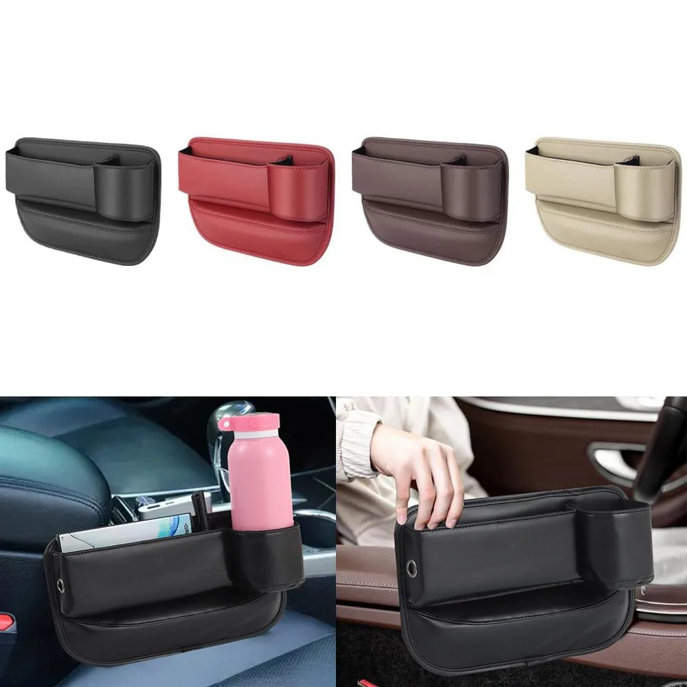 PU Leather Water Cup Holder Multifunctional with Charging Line Hole Crevice Side Storage Bag Seat Side Storage Pocket