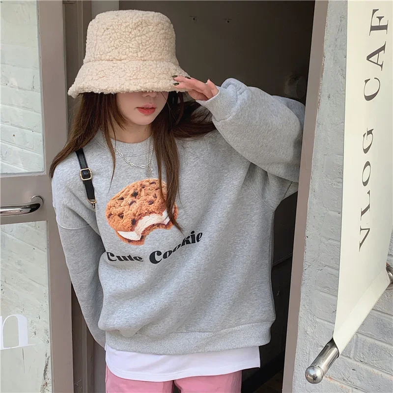 2025 Pink Fun Printed Hoodies Women Korean Loose Crewneck Sweatshirts Female Fashion Warm Autumn/Winter Pullovers Hoodie