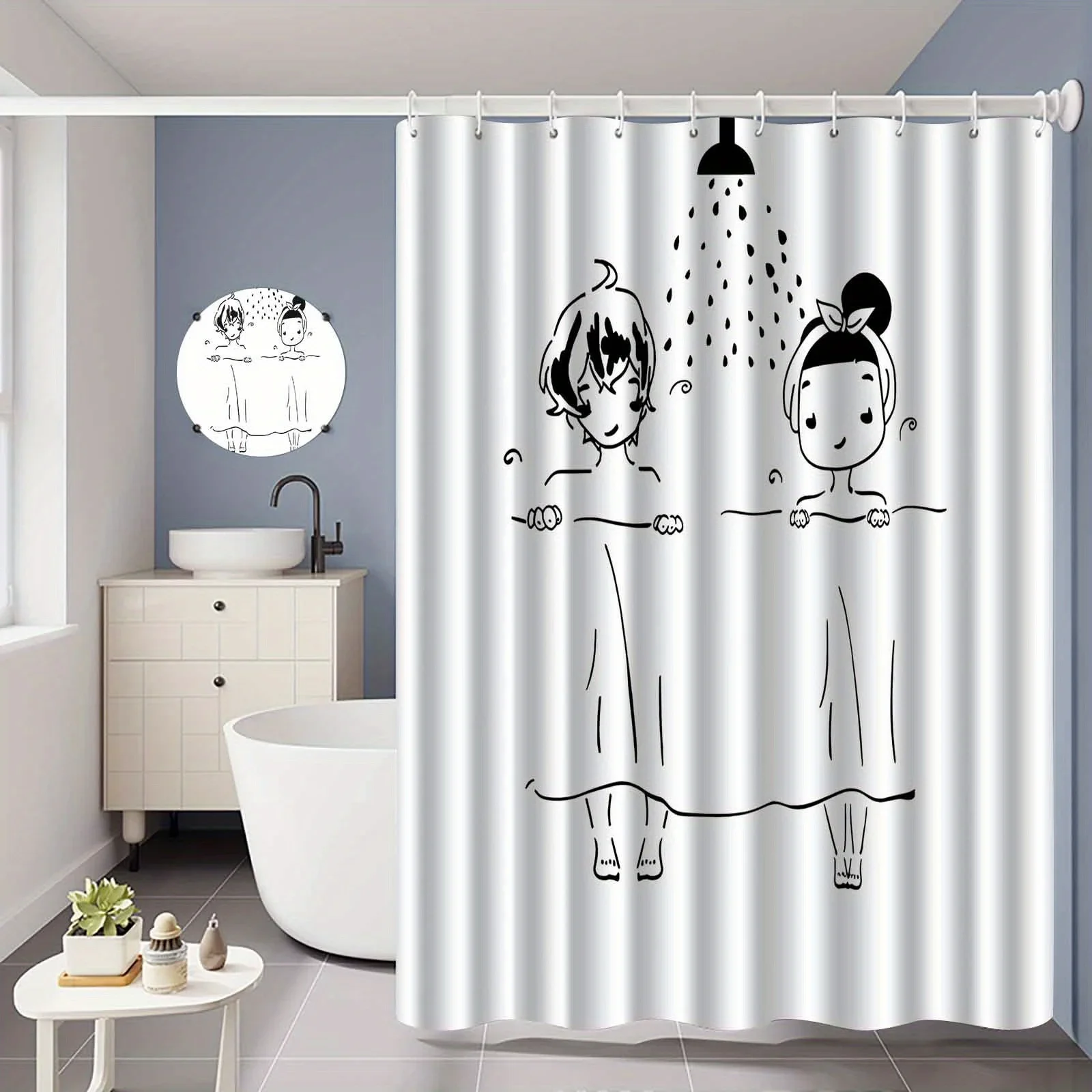 Cute Couple Shower Curtain, Black & White Line Art, Cartoon Bathroom Decor, Waterproof Fabric, Modern Home Decor
