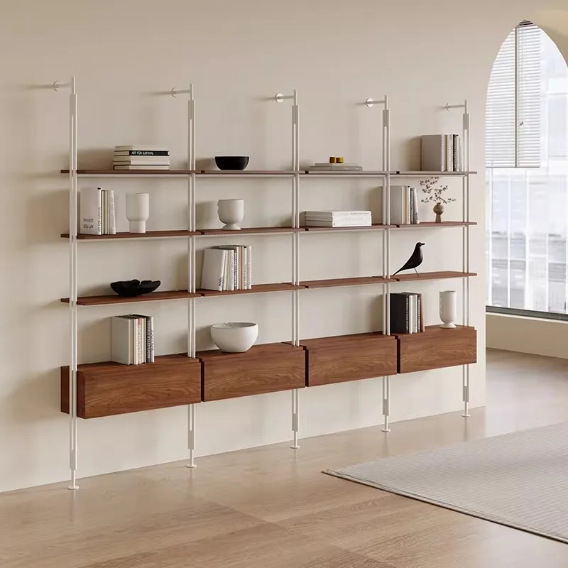 Cream wind minimalist bookshelf bookcase living room floor-to-ceiling multi-layer wrought iron wall-mounted storage solid wood N