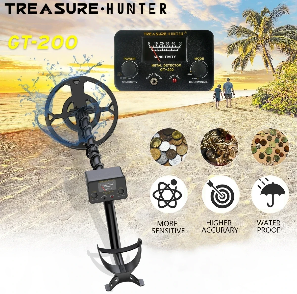 Treasure Hunter GT200 Metal Detector Professional High Sensitive Underground Iron Metal Gold Detector Adjustable IP68 Waterproof