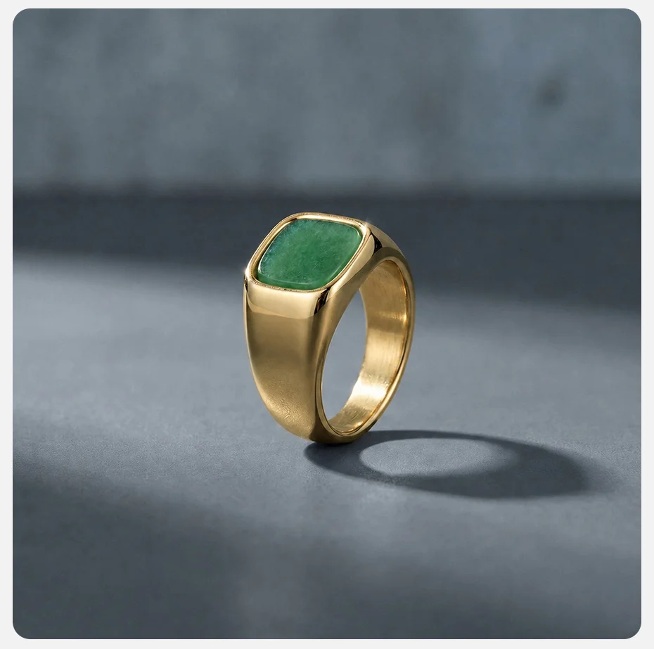 Vnox Herren Siegelring, vergoldeter Edelstahl, quadratischer grüner Naturstein-Fingerring, Vintage-Punk-Statement-Schmuck, Geschenk, neu – Detail 6