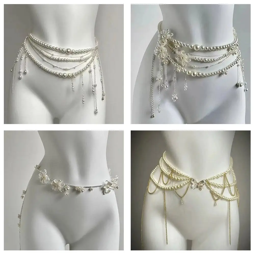 New Gothic Imitation Pearl Cross Tassel Charm Belly Waist Chain Women Beaded Beach Bikini Body Chain Sexy Jewelry Party Access