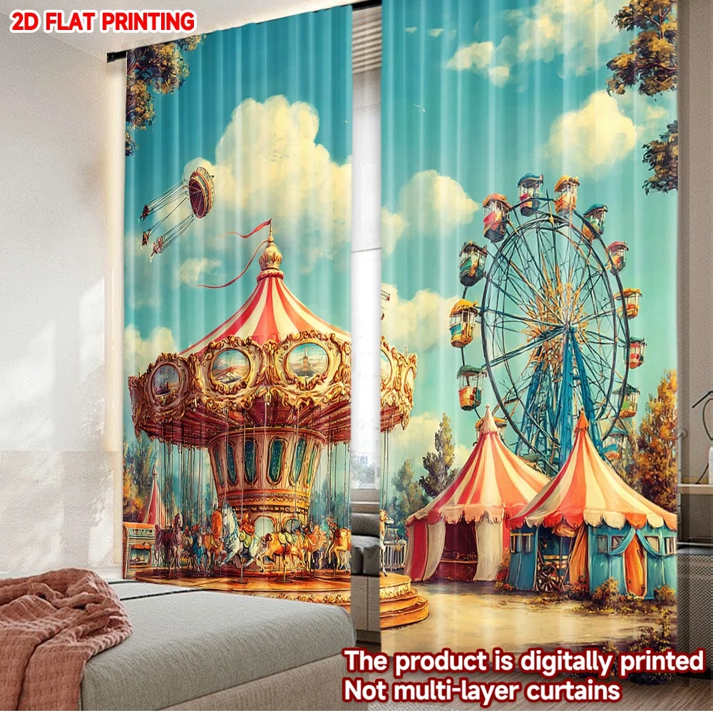 2D flat printing 2pcs Curtain Curtains Festive Carnival Rides Scene Digital Printed Polyester Drapes Festive Wall Decor for Door